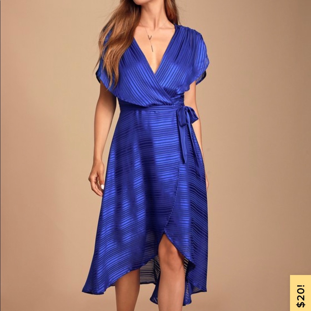 Royal Blue Striped Satin High-Low Midi Dress NWT